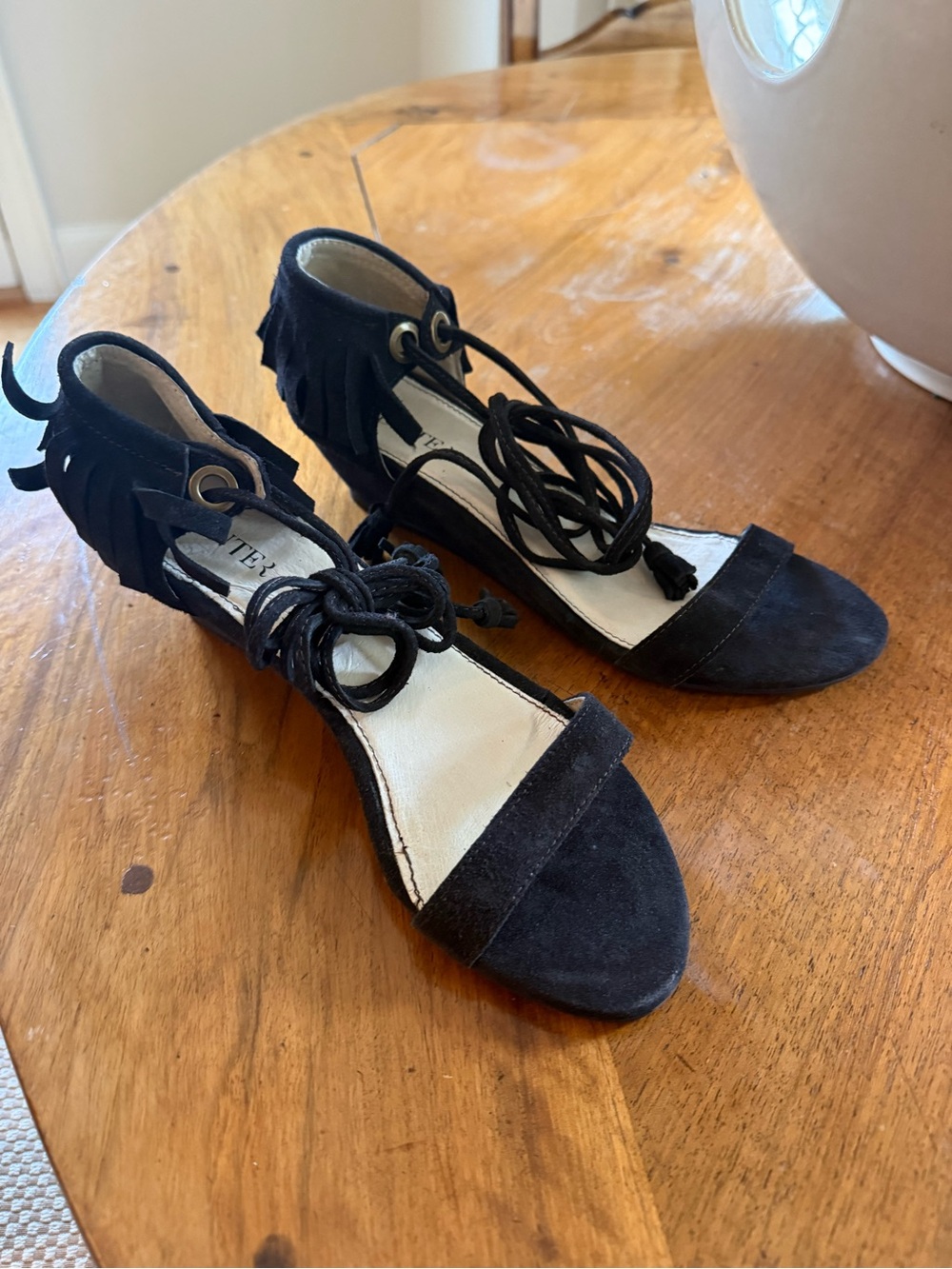 Hunter Black Suede Fringe Lace-Up Wedge Sandal Size 39